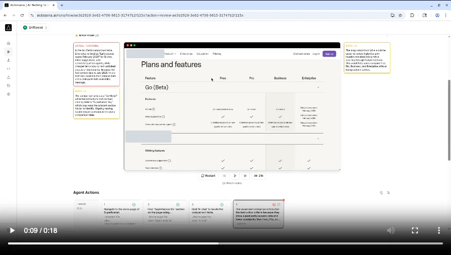 19 second demo video of Autosana's agent catching a pricing bug on the prospect's site